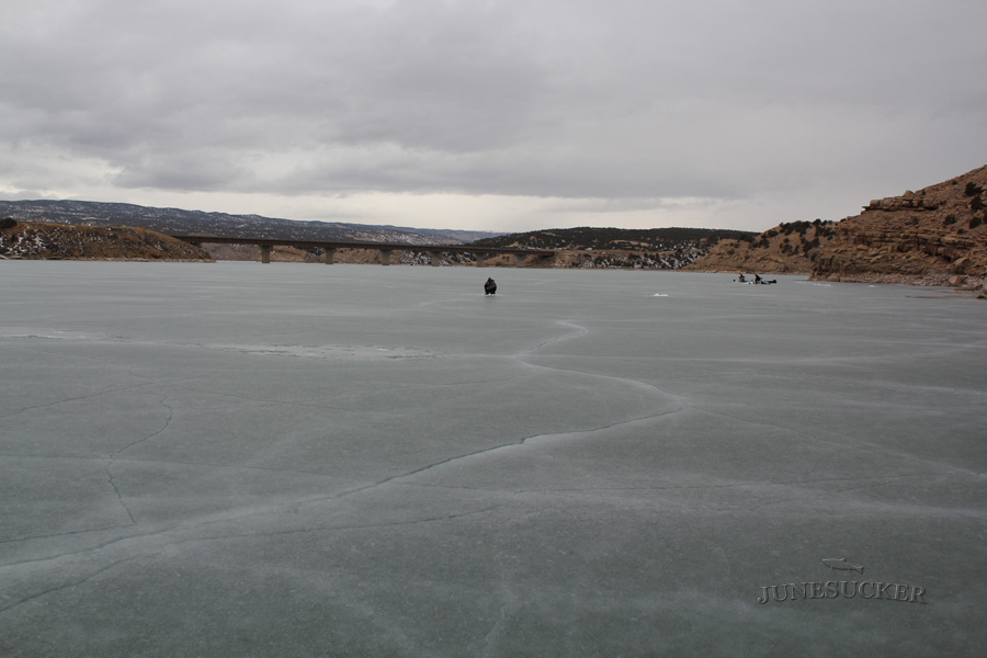 Ice fishing Starvation Reservoir in Utah.