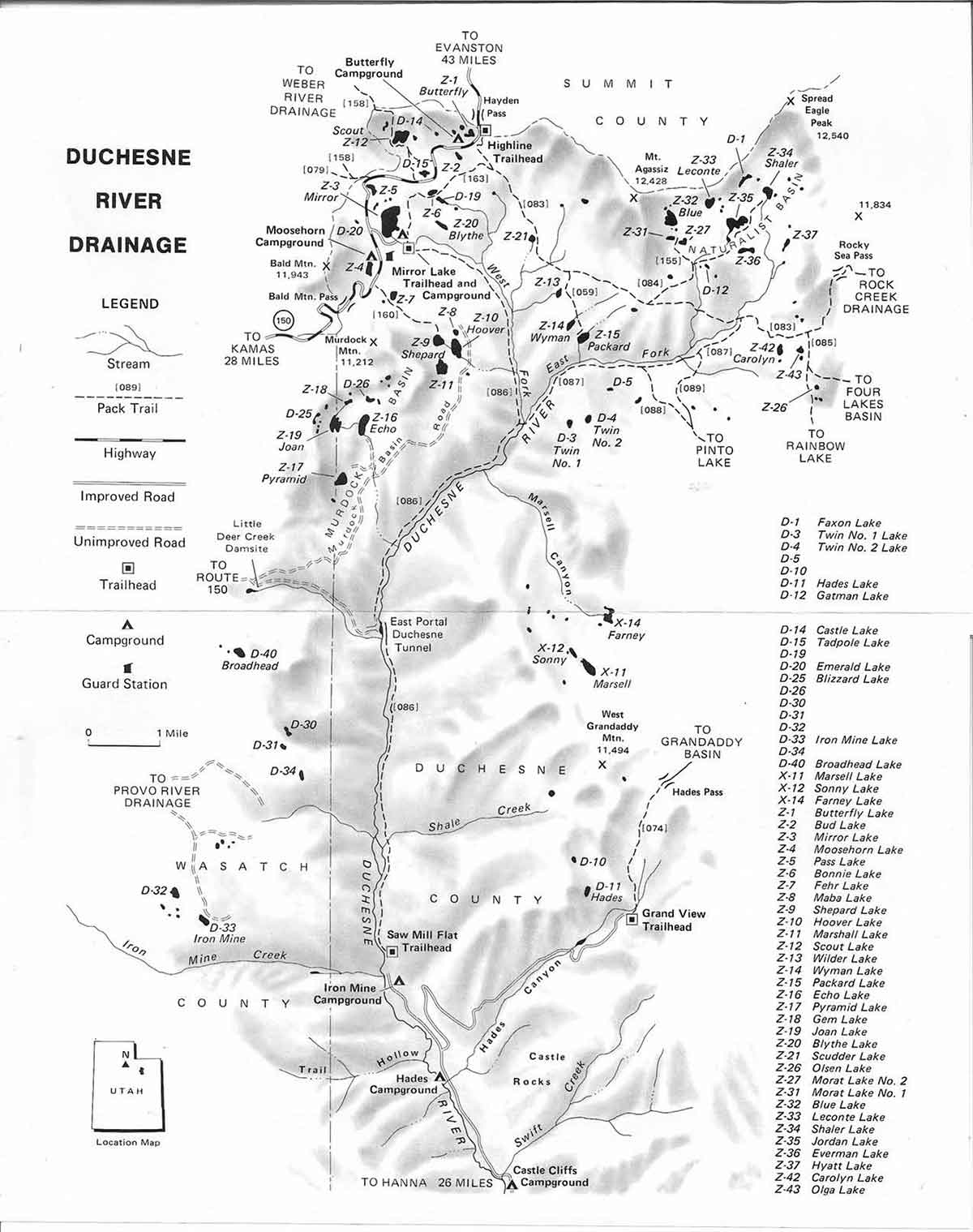 Map of the Duchesne River drainage in the Uinta mountains.