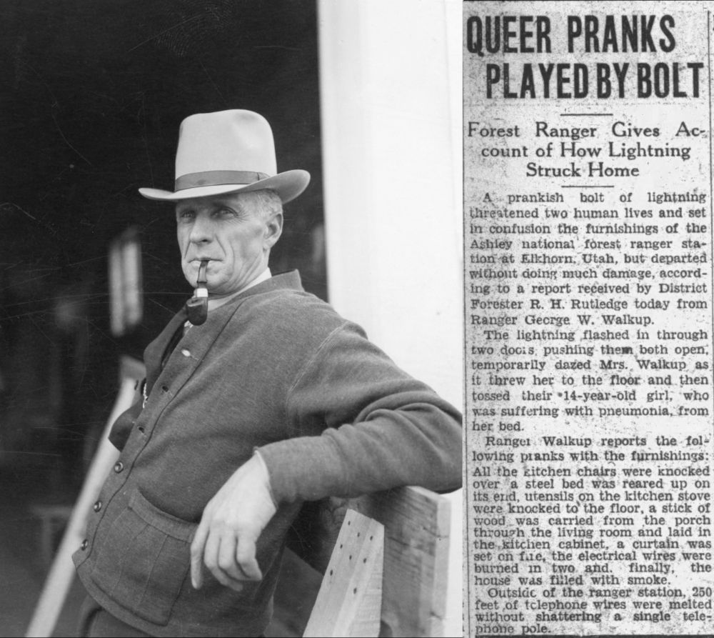 Picture of George W Walkup along side an article about lightning